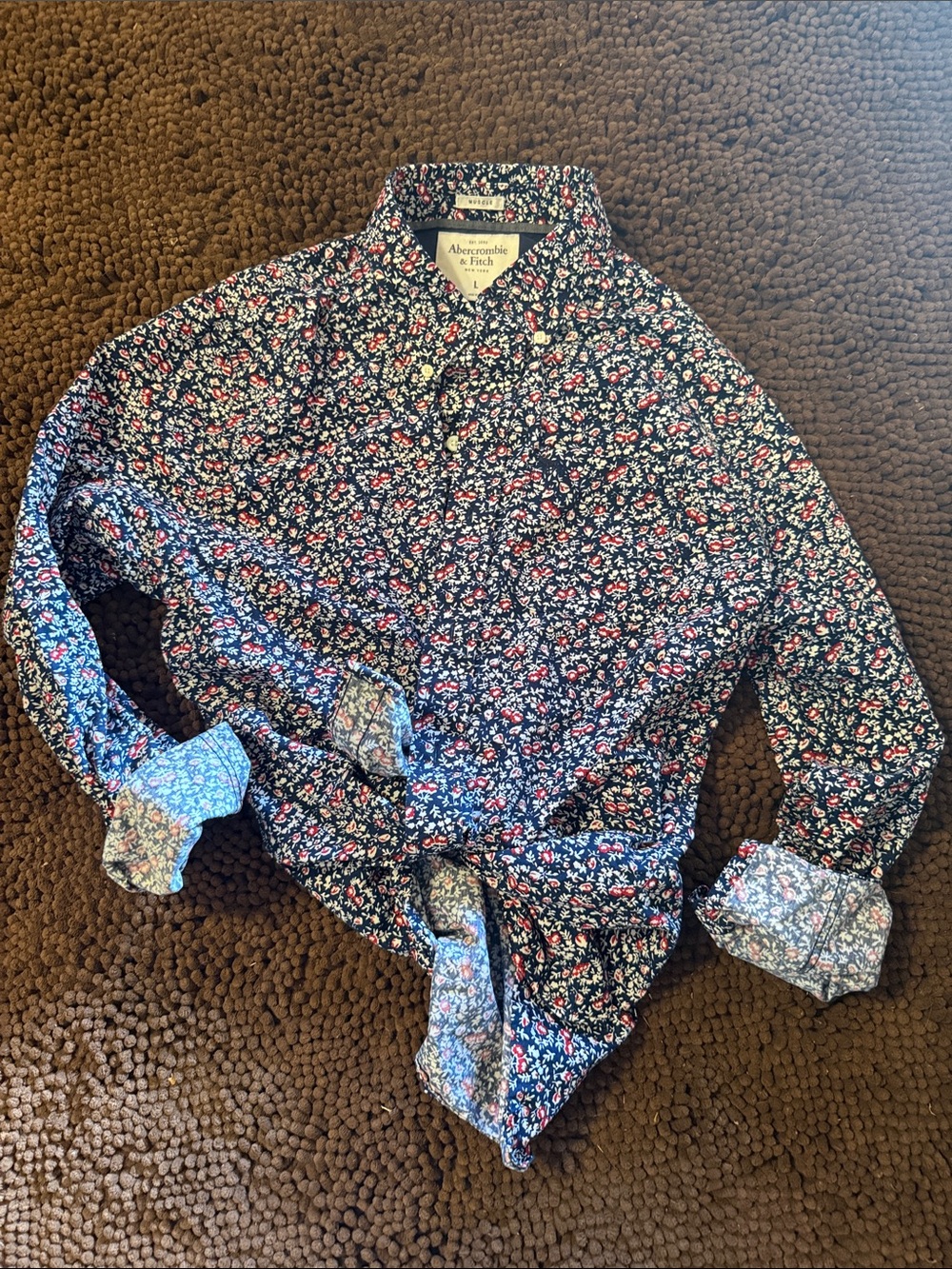 Abercrombie & Fitch Navy Floral Button-Down with Red & White Flowers